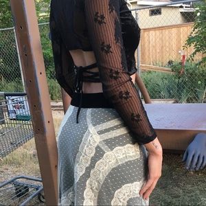 Black Crushed Velvet & Lace Up Crop Top